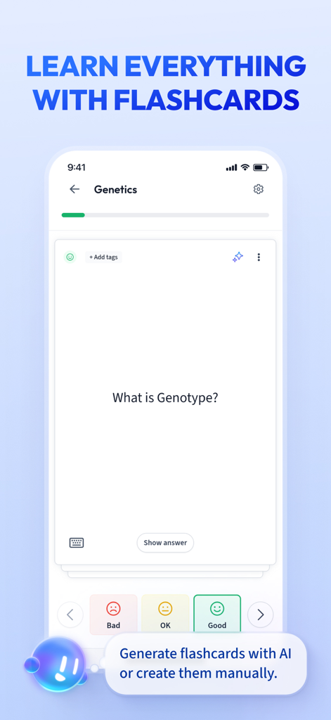 Vaia: AI Flashcards. Study App - Vaia app interface showing a genetics flashcard with the question what is genotype and study progress buttons