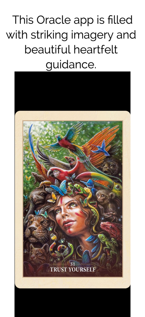 Sacred Rebels Oracle - A vibrant oracle card with the message Trust Yourself featuring a woman surrounded by colorful birds and jungle animals