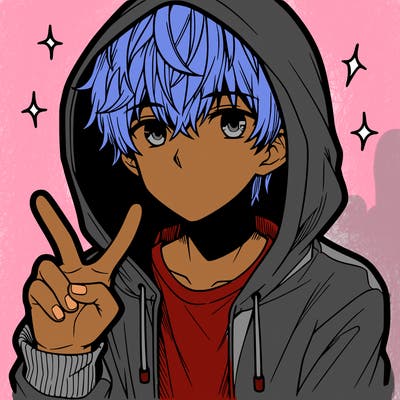 teenage manga boy in a hoodie, doing ✌