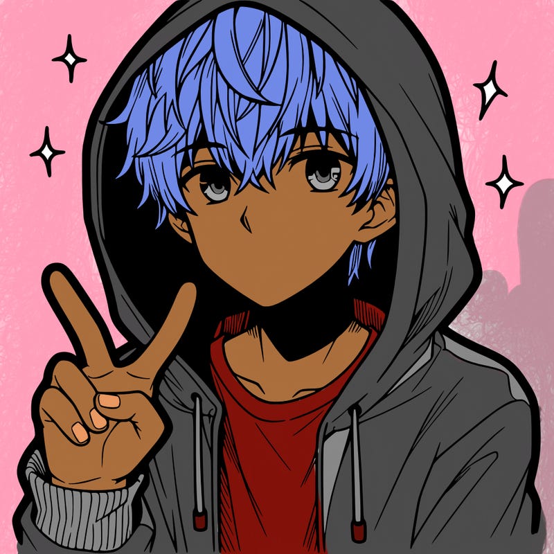 teenage manga boy in a hoodie, doing ✌