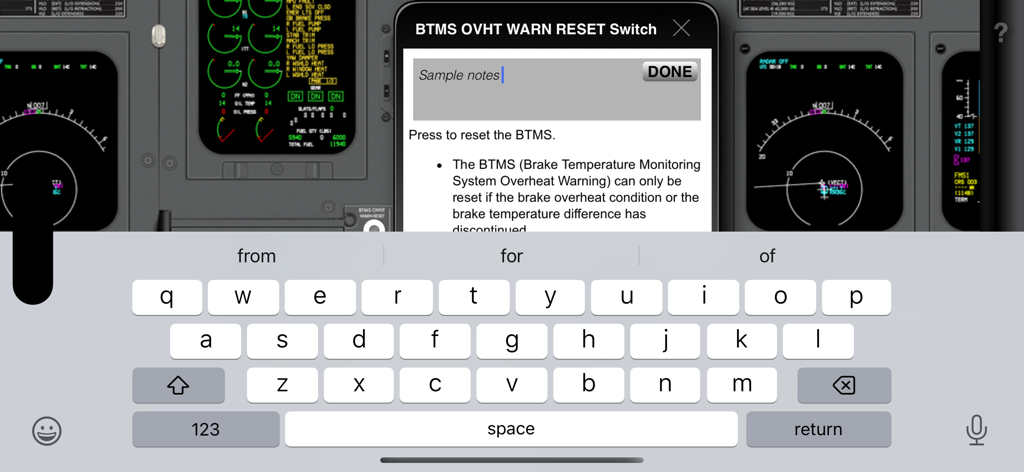 A screenshot of the CRJ-700 Cockpit Familiarization app showing the custom note-taking feature for specific cockpit switches and systems