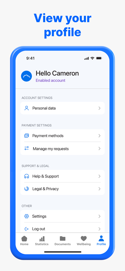 CloudPay - Pantalla de perfil de la aplicación móvil CloudPay que muestra la configuración de la cuenta, los métodos de pago y las opciones de soporte