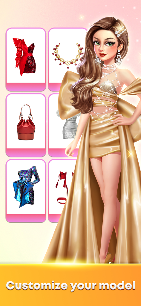 Fashion Star: Model Dress Up - Una modelo glamurosa con un vestido dorado con un menú lateral para personalizar ropa y accesorios.