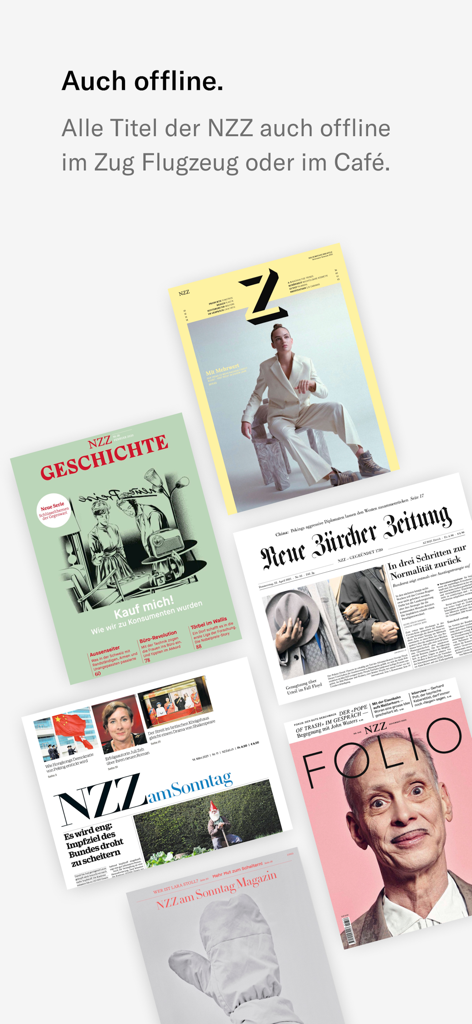 Eine Anzeige verschiedener NZZ Digitalpublikationen, darunter NZZ Geschichte und NZZ Folio, die die Offline-Lese-Funktion hervorheben.