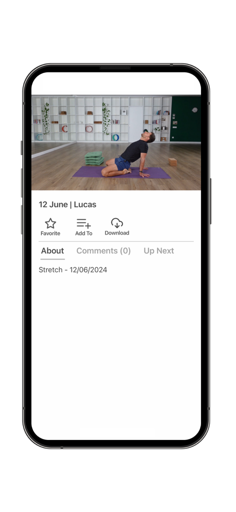 Interfaz de la aplicación móvil YOGABODY Daily mostrando una sesión de video de estiramiento guiado