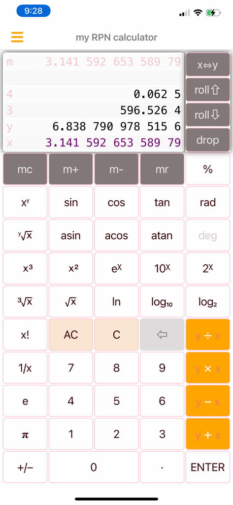 Scientific RPN calculator interface with stack view and mathematical operations