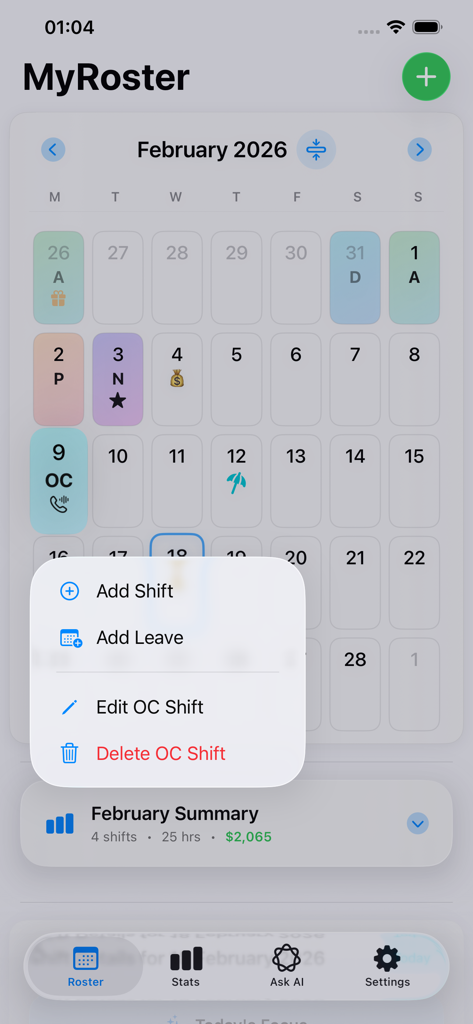 MyRoster - MyRoster app monthly calendar interface showing scheduled shifts and estimated pay summary