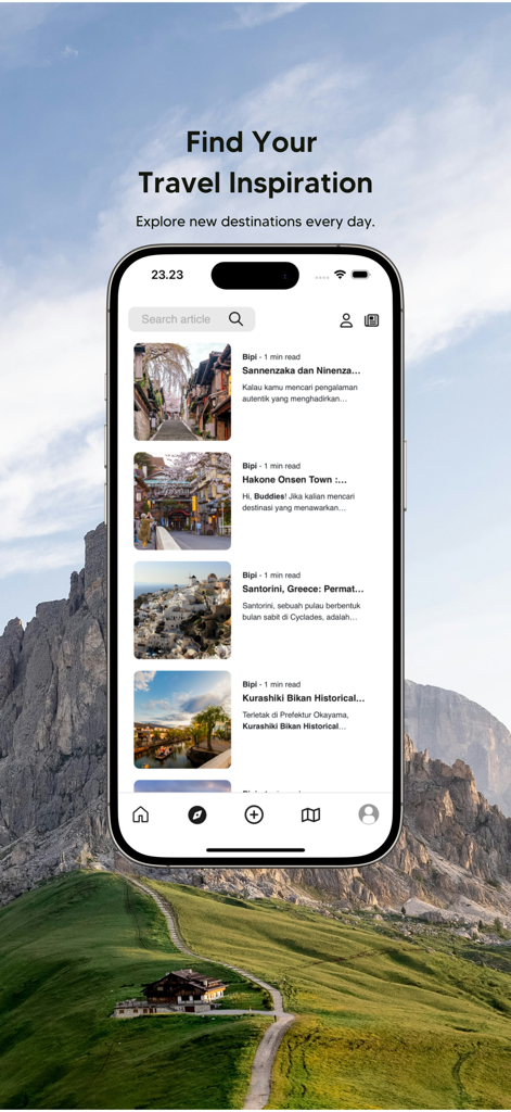 Bipi : Travel Platform - Bipi travel app interface showing travel inspiration and destination articles
