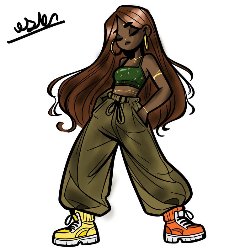 girl in baggy pants crop top and long hair