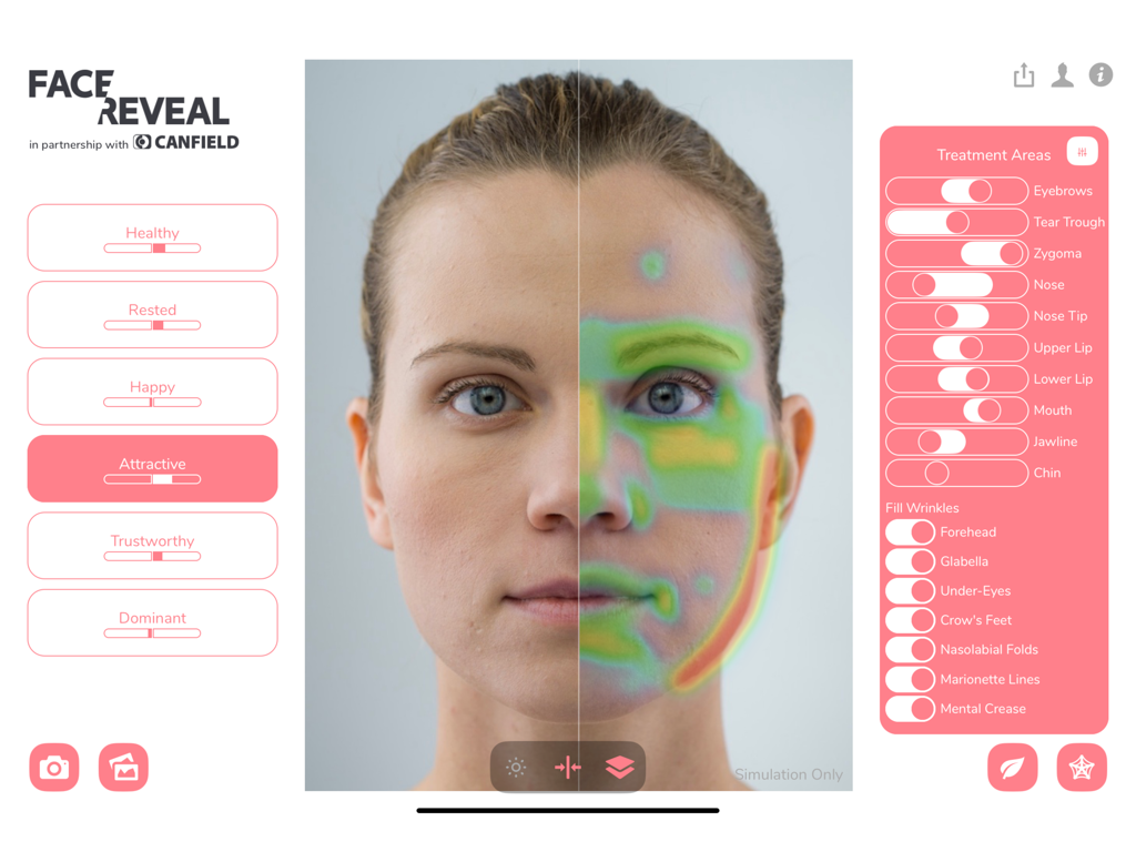 Face Reveal app interface showing AI facial analysis with a heatmap and treatment options on an iPad screen
