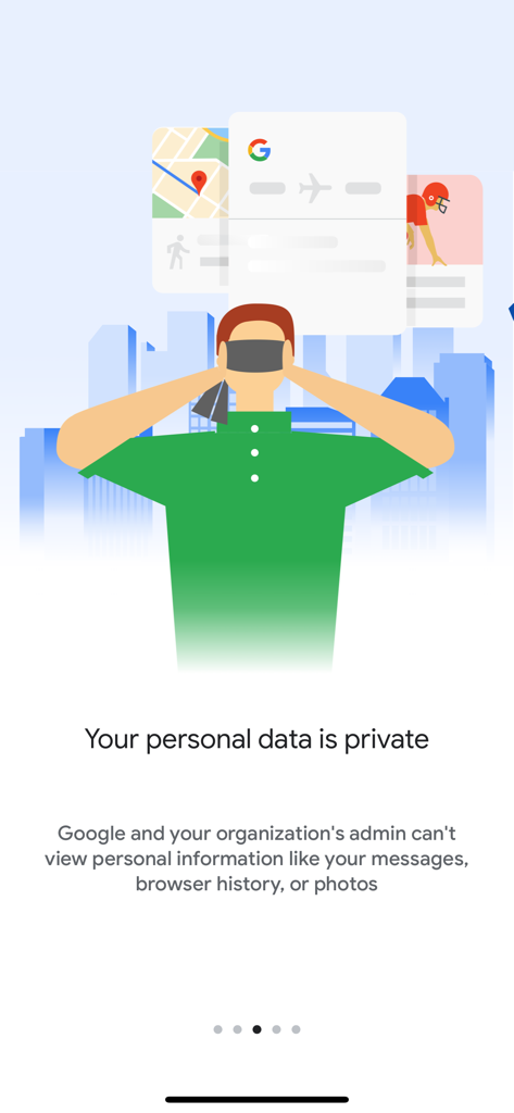 Ilustración que muestra que los datos personales son privados en Google Device Policy con un hombre cubriéndose los ojos y mensajes centrados en la privacidad.