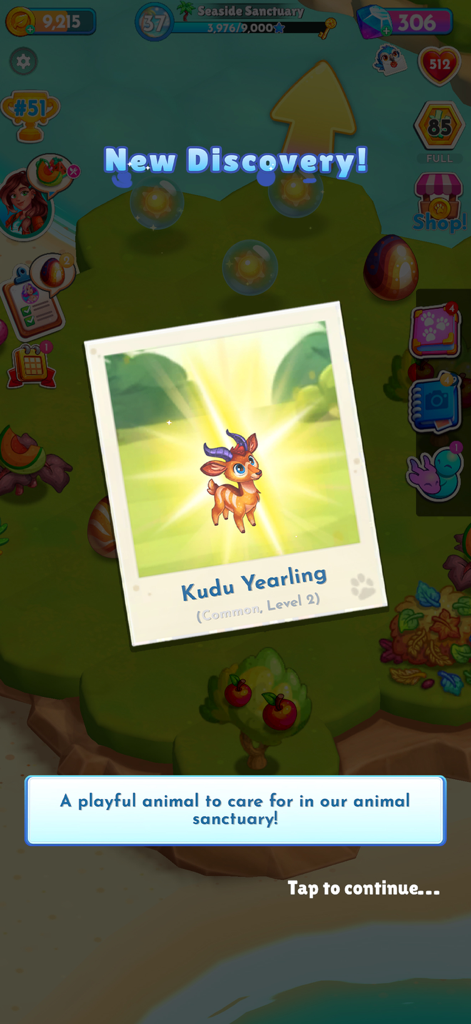 A new discovery screen in the Paradise Paws app showing a Kudu Yearling animal to care for