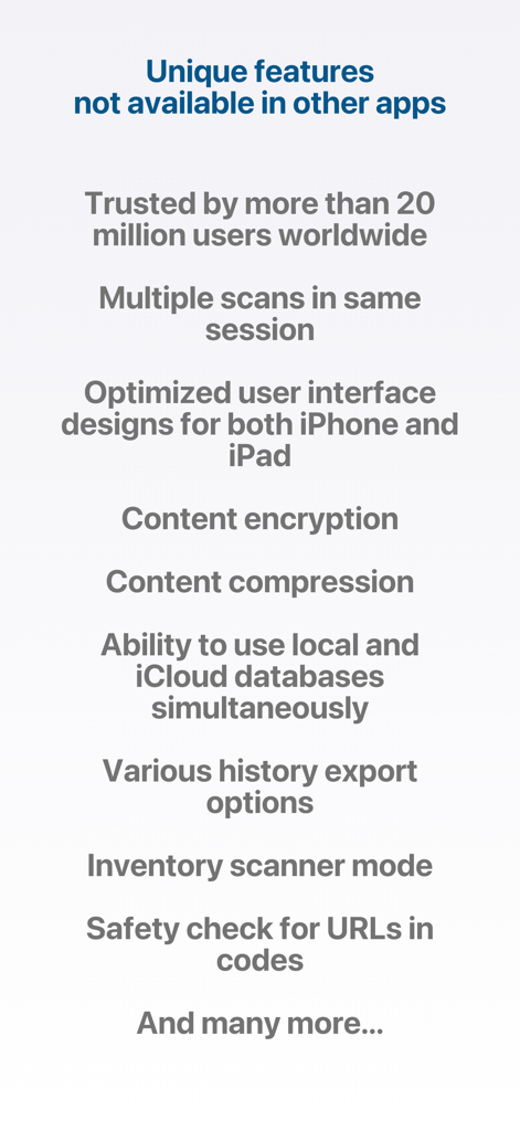 Qrafter: QR Code Reader - コンテンツ暗号化や在庫スキャナーモードなどのプロフェッショナル機能を強調する、Qrafterのユニークな機能のリスト