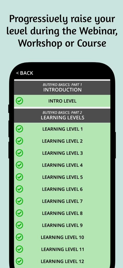 Buteyko Pro - Screenshot of the Buteyko Pro app displaying a list of completed learning levels for breathing exercises