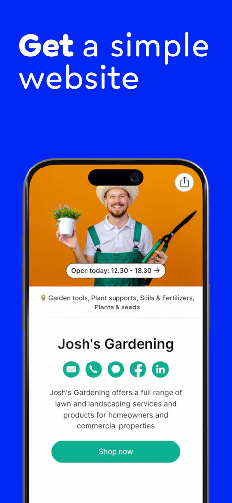 Billdu: Store,Inventory,Orders - Ein Bildschirm einer mobilen App, der eine professionelle Website für ein Gartenbauunternehmen zeigt, die mit Billdu erstellt wurde und eine „Jetzt kaufen“-Schaltfläche sowie Kontakticons enthält