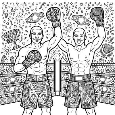 Unleash your artistic spirit with this dynamic adult coloring page featuring two victorious boxers celebrating their triumph. Dive into intricate patterns and celebratory details designed for a truly engaging and stress-relieving coloring experience.