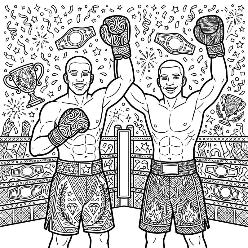 Unleash your artistic spirit with this dynamic adult coloring page featuring two victorious boxers celebrating their triumph. Dive into intricate patterns and celebratory details designed for a truly engaging and stress-relieving coloring experience.