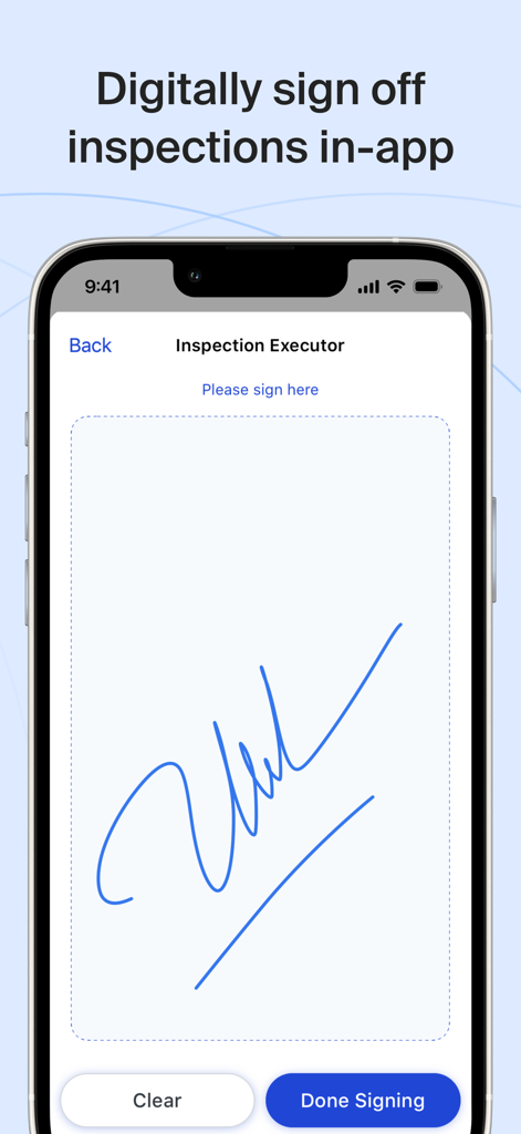 Tela de assinatura digital para aprovação de inspeção no aplicativo móvel Inspectorio QRM