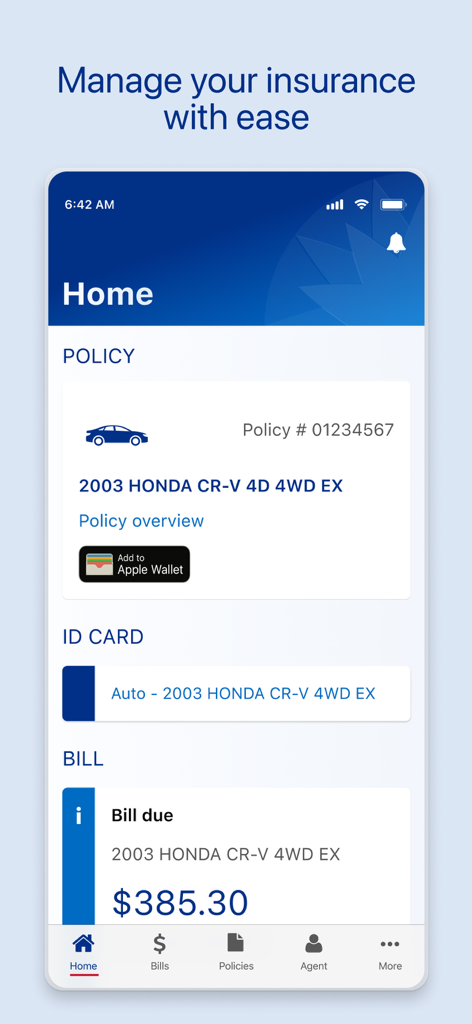 Farmers Insurance Mobile - Farmers Insurance app home screen showing car policy and bill due
