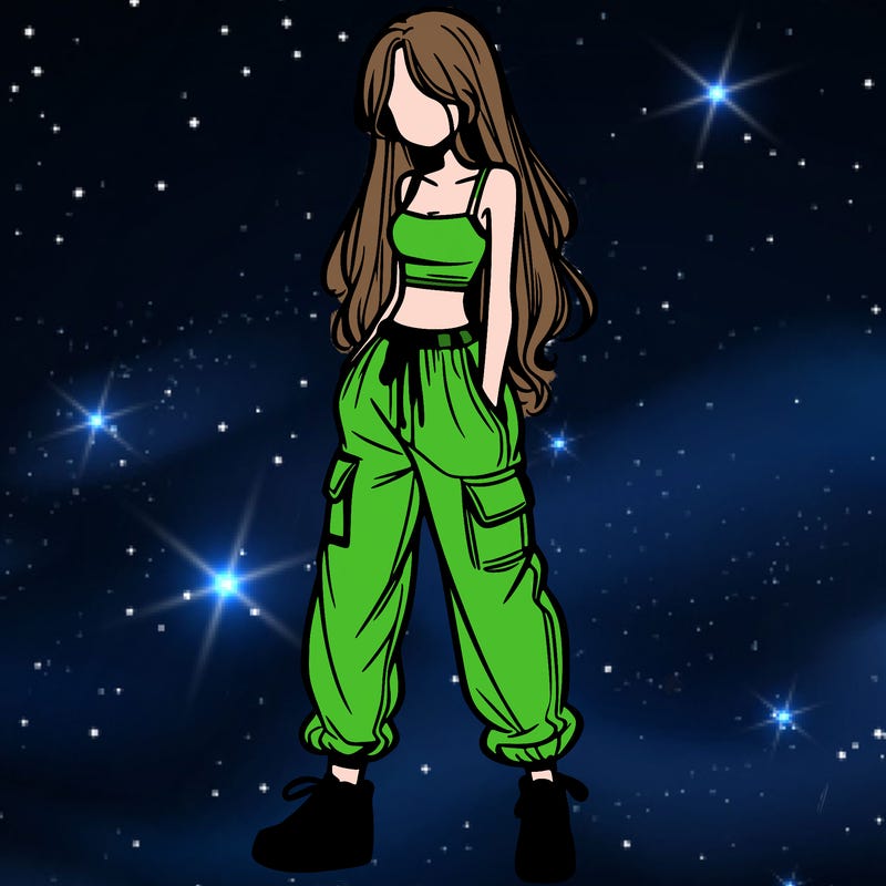 girl in baggy pants crop top and long hair