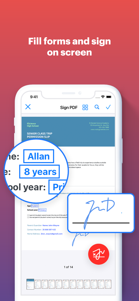 iLovePDF - PDF Editor & Scan - A smartphone displaying the iLovePDF app interface for filling out document forms and adding a digital signature on screen.