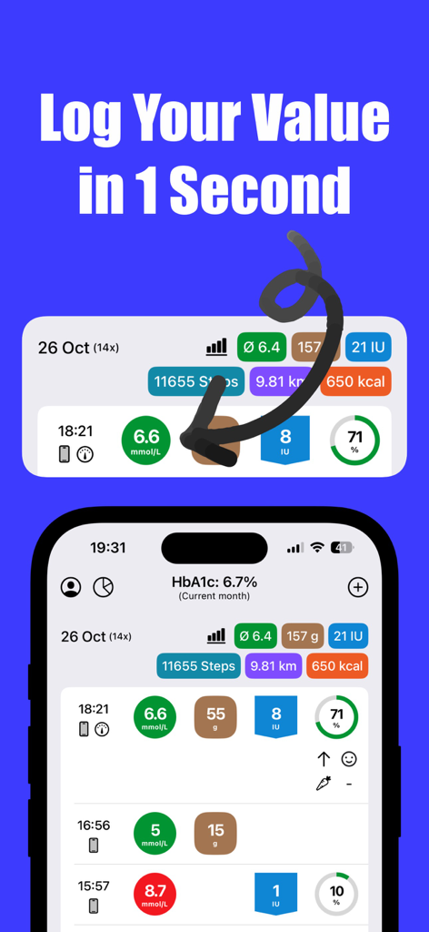 Diabetes Diary & Tracker Plus - Fast blood sugar and insulin logging interface in Diabetes Diary Plus app