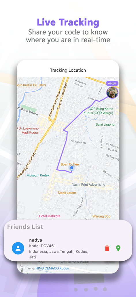 Track location: Findmyfriends - Interface of the Findmyfriends app showing live location tracking on a map with a shared unit code for a friend