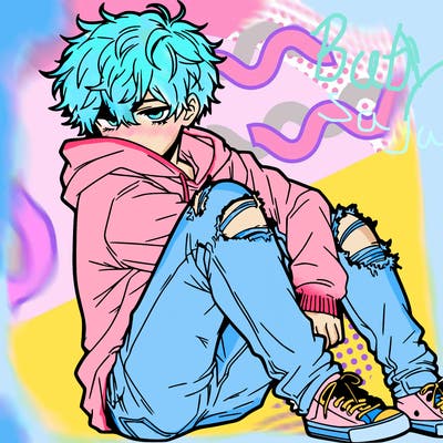 a male hoddie ripped jeans messy hair anime
