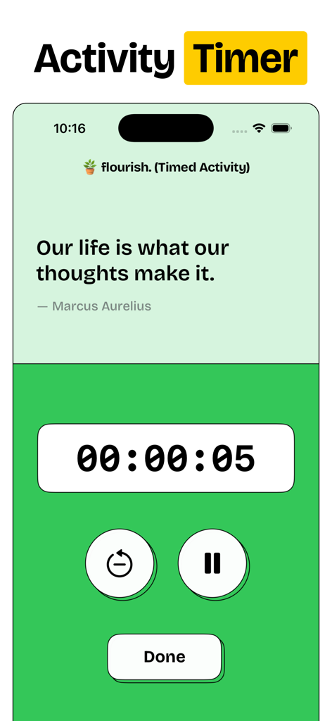 Habit Tracker — timespent - Activity timer screen in the timespent app featuring a motivational quote by Marcus Aurelius and a minimalist focus clock