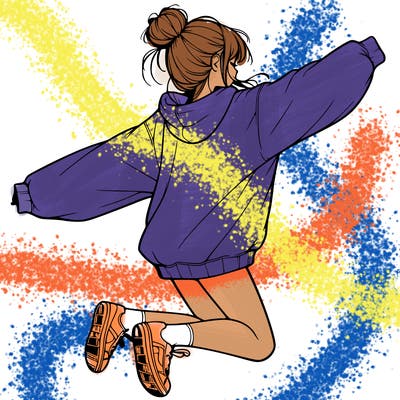 realistic girl jumping with a bun and oversized sweatshirt