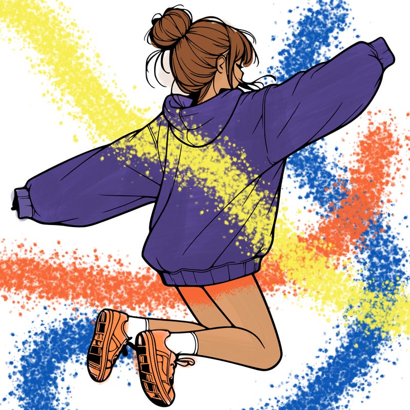realistic girl jumping with a bun and oversized sweatshirt