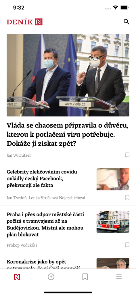 Deník N mobile App-Oberfläche, die einen Nachrichten-Feed mit Artikeln und Schlagzeilen in tschechischer Sprache anzeigt