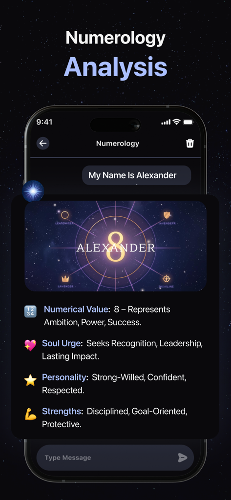 Soulmate Art: AI Drawing - Interfaz de análisis numerológico en la aplicación Soulmate Art que muestra rasgos de personalidad y fortalezas.