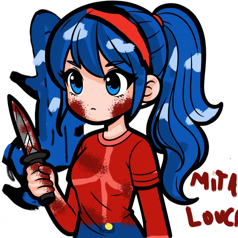 'a girl her hair in a ponytail shes wearing a t-shirt and shes holding a dagger