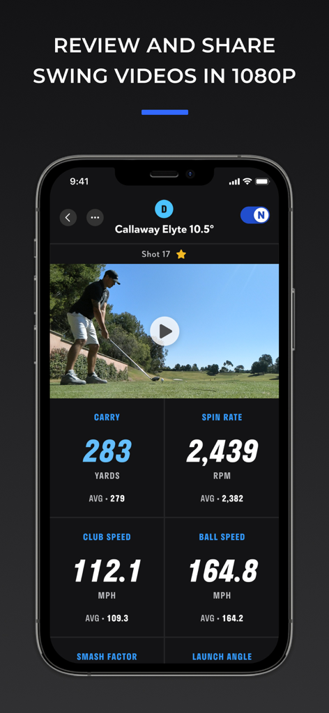 Interfaz de la aplicación Full Swing que muestra video de swing de golf en 1080p y métricas de rendimiento clave como velocidad del palo y tasa de rotación.