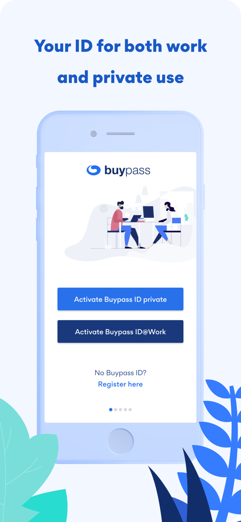 Buypass ID - Interfaz de la aplicación Buypass ID que muestra botones de activación de cuentas de trabajo y privadas