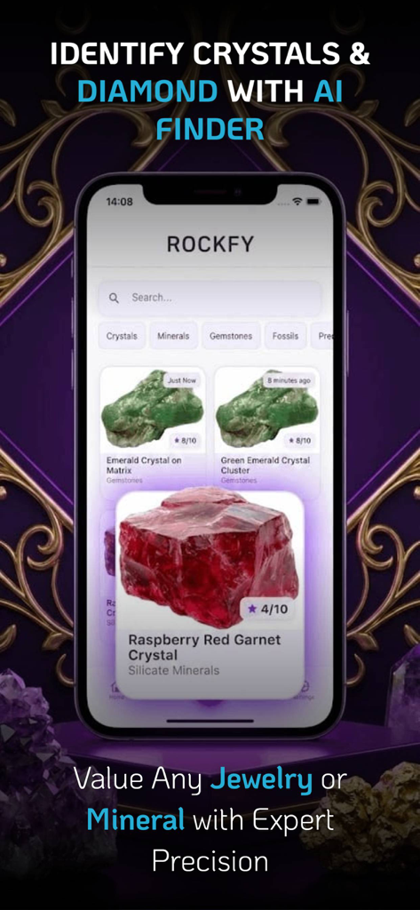 Interfaz de la aplicación Rockfy mostrando la identificación de IA de cristales de esmeralda y granate rojo con estimaciones de valor