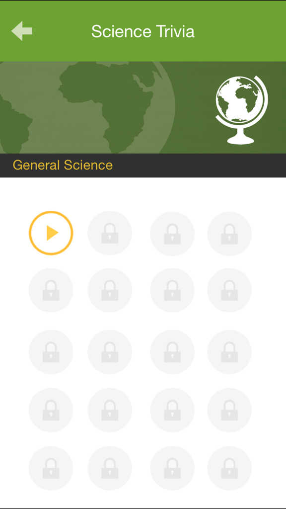Science Trivia - Level selection screen for the General Science category in the Science Trivia app showing locked and unlocked levels