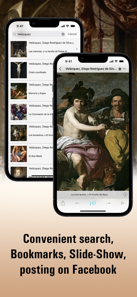 Prado Museum HD - Two iPhone screens displaying the Prado Museum HD app interface with search results for Velazquez and a detailed painting view.