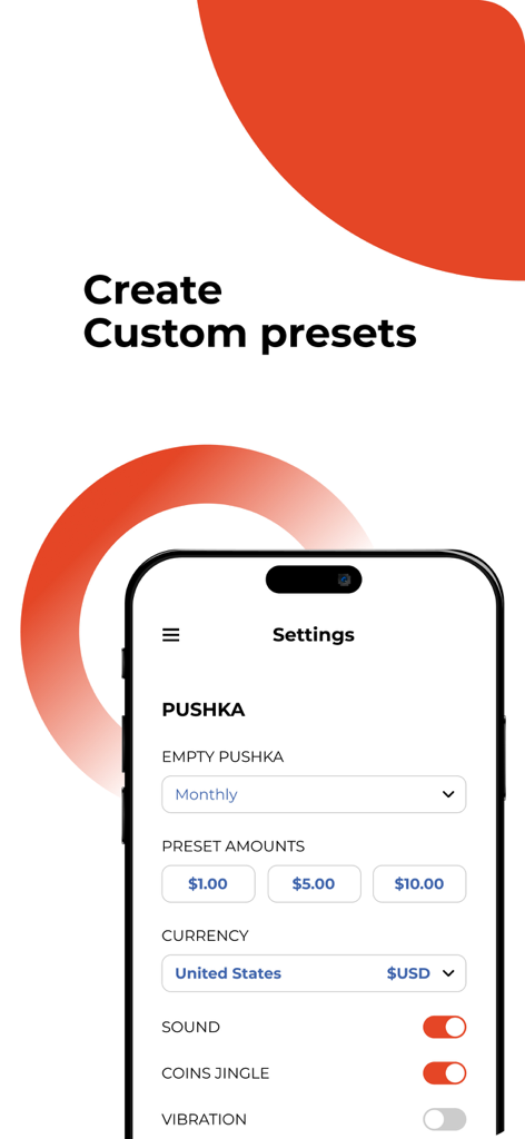 Tzedakah Pushka - Charity Box - Tela de configurações do aplicativo Tzedakah Pushka mostrando opções para criar predefinições de doação personalizadas e ativar efeitos sonoros.
