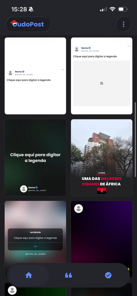 Quotes creator - DudoPost - A mobile interface for DudoPost showing a grid of social media quote templates and image layout options.