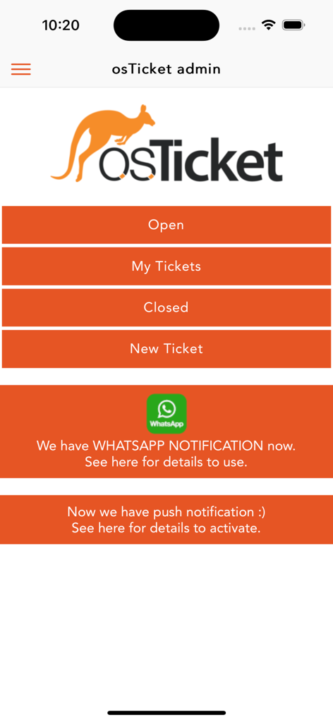 osTicket Admin - Menu principale dell'app mobile osTicket Admin con pulsanti per la gestione dei ticket di supporto aperti e chiusi.