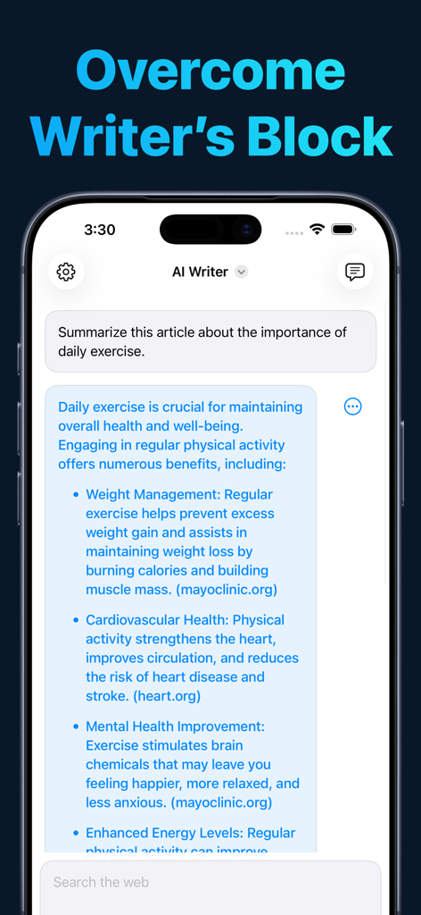 AI Writer app showing an article summary with source citations to help overcome writer block