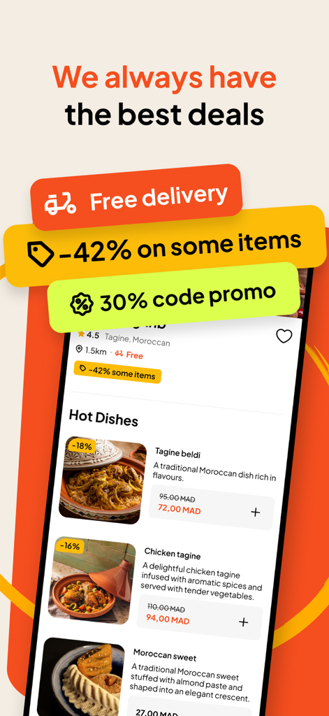 Un'interfaccia di app mobile per DONE che mostra offerte di consegna di cibo come consegna gratuita e sconti sui piatti tagine marocchini.