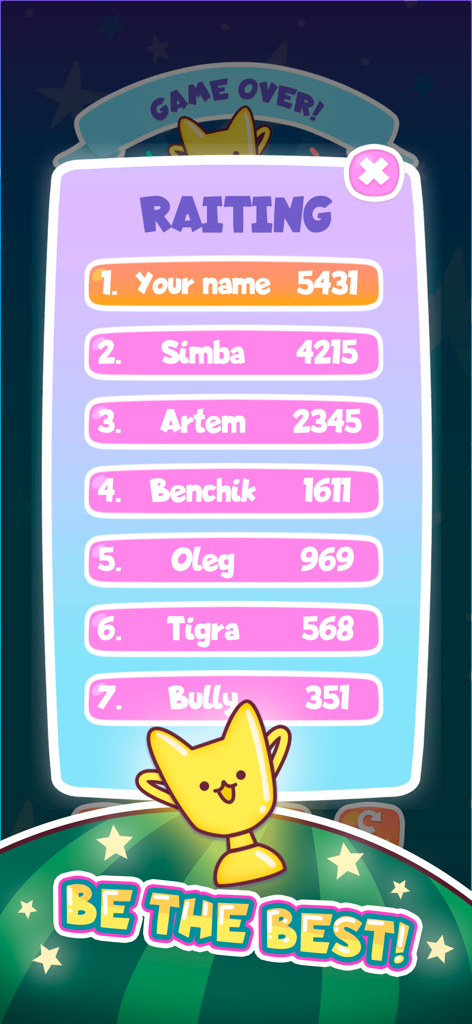 Watermelon Cats leaderboard screen showing top player scores and a cute golden cat trophy