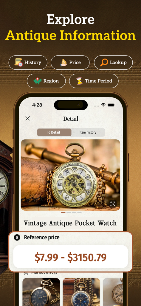 RelicSnap - Antique Identifier - Interface móvel do RelicSnap mostrando um relógio de bolso vintage com sua faixa de preço de referência