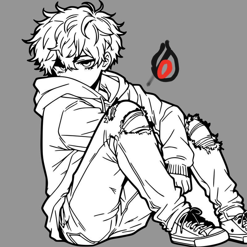 a male hoddie ripped jeans messy hair anime