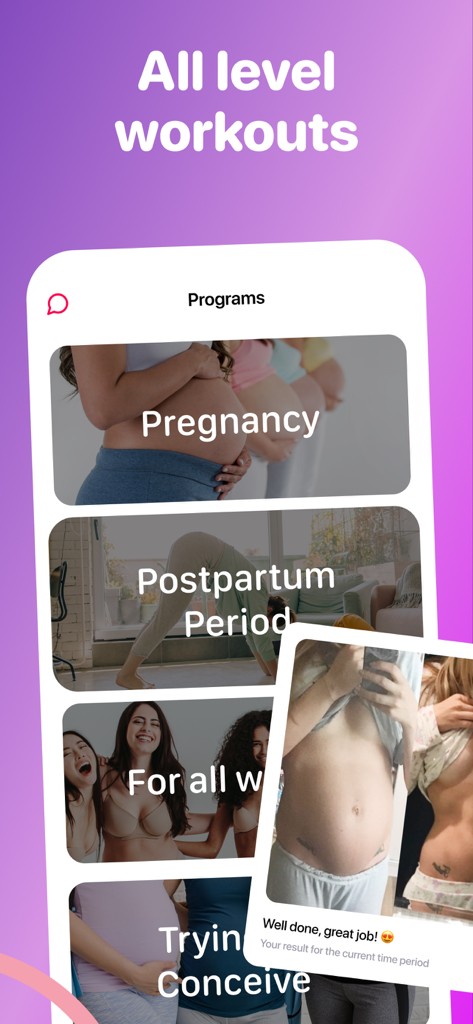 MomsLab app interface showing specialized workout programs for pregnancy and postpartum recovery with a user progress photo
