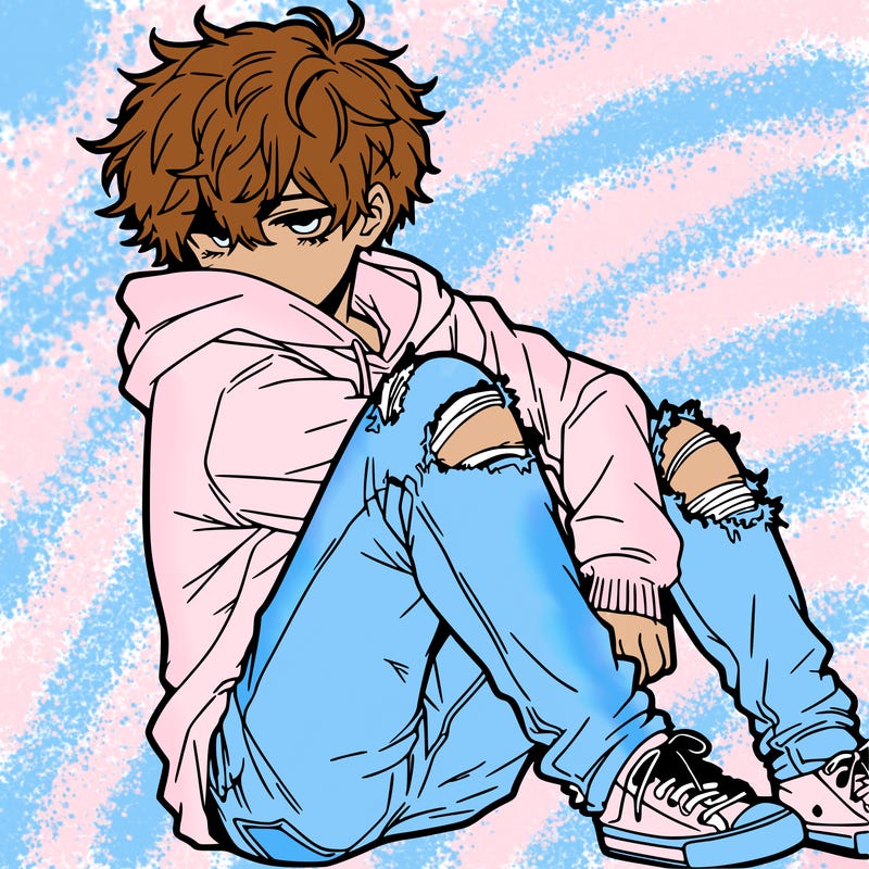 a male hoddie ripped jeans messy hair anime
