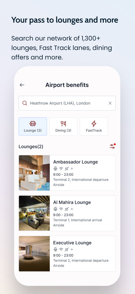 Dragonpass - Dragonpassモバイルアプリ。ロンドンのヒースロー空港の空港ラウンジとダイニング特典を表示しています。
